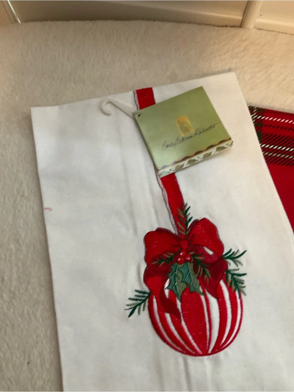 Holiday Embroidered Red and White Ornament Kitchen Tea Towels